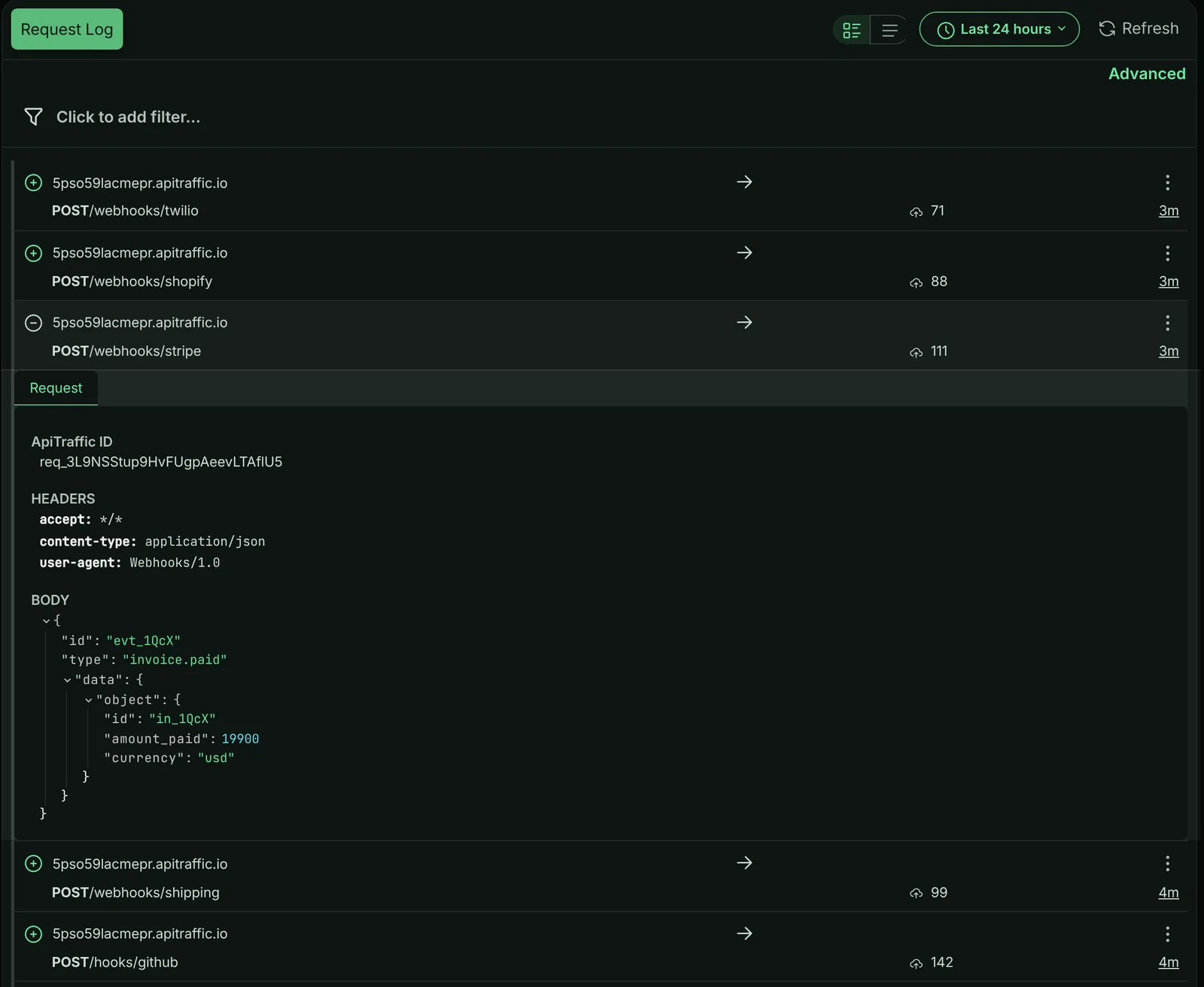 Captures list of webhooks sent to a bucket capture URL - Stripe, Shopify, Twilio, GitHub and shipping - with one Stripe invoice.paid event expanded to show its headers and JSON body