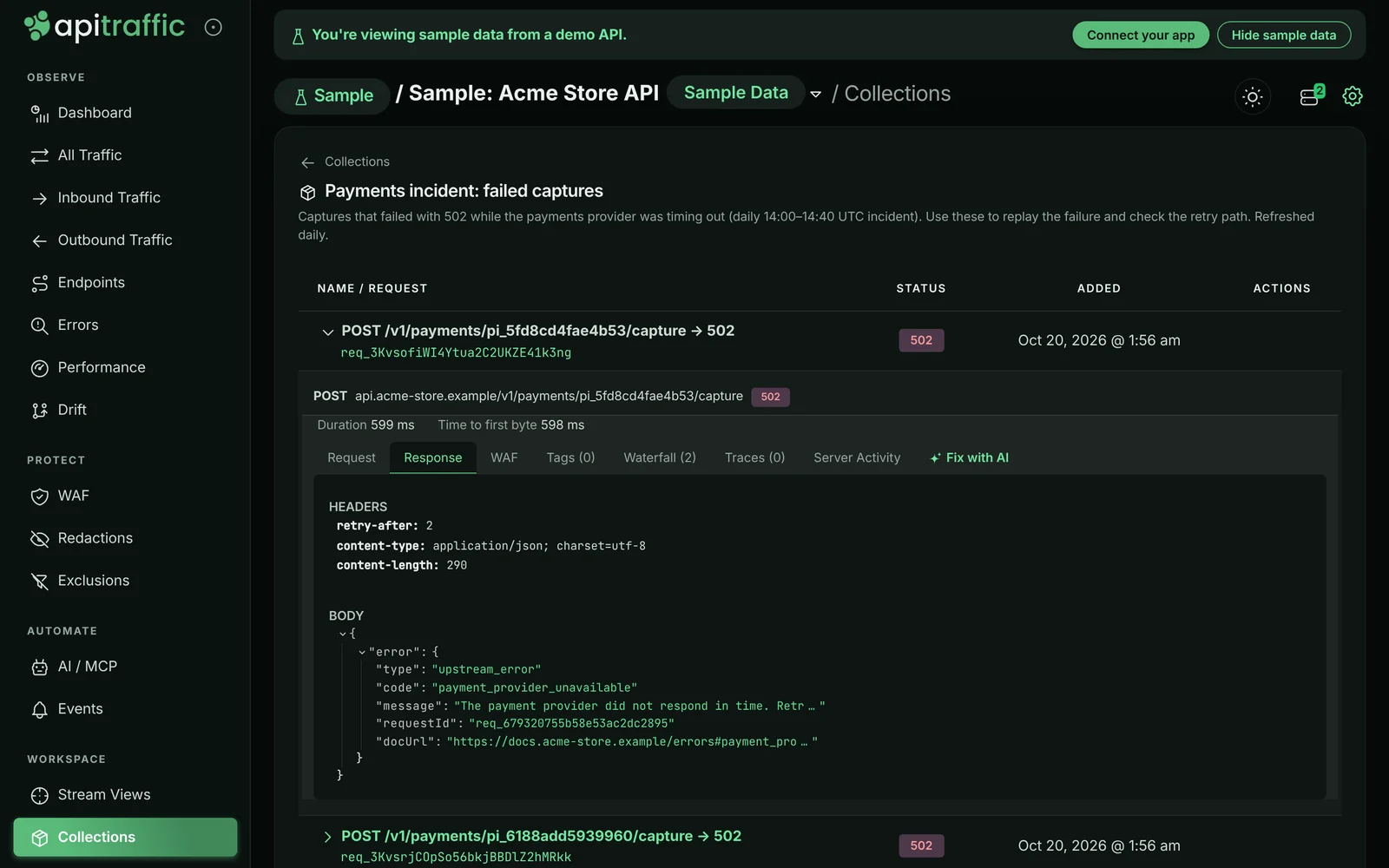 A collection named "Payments incident: failed captures" holding 502 responses from the payment capture endpoint, one expanded to show its response headers and error body