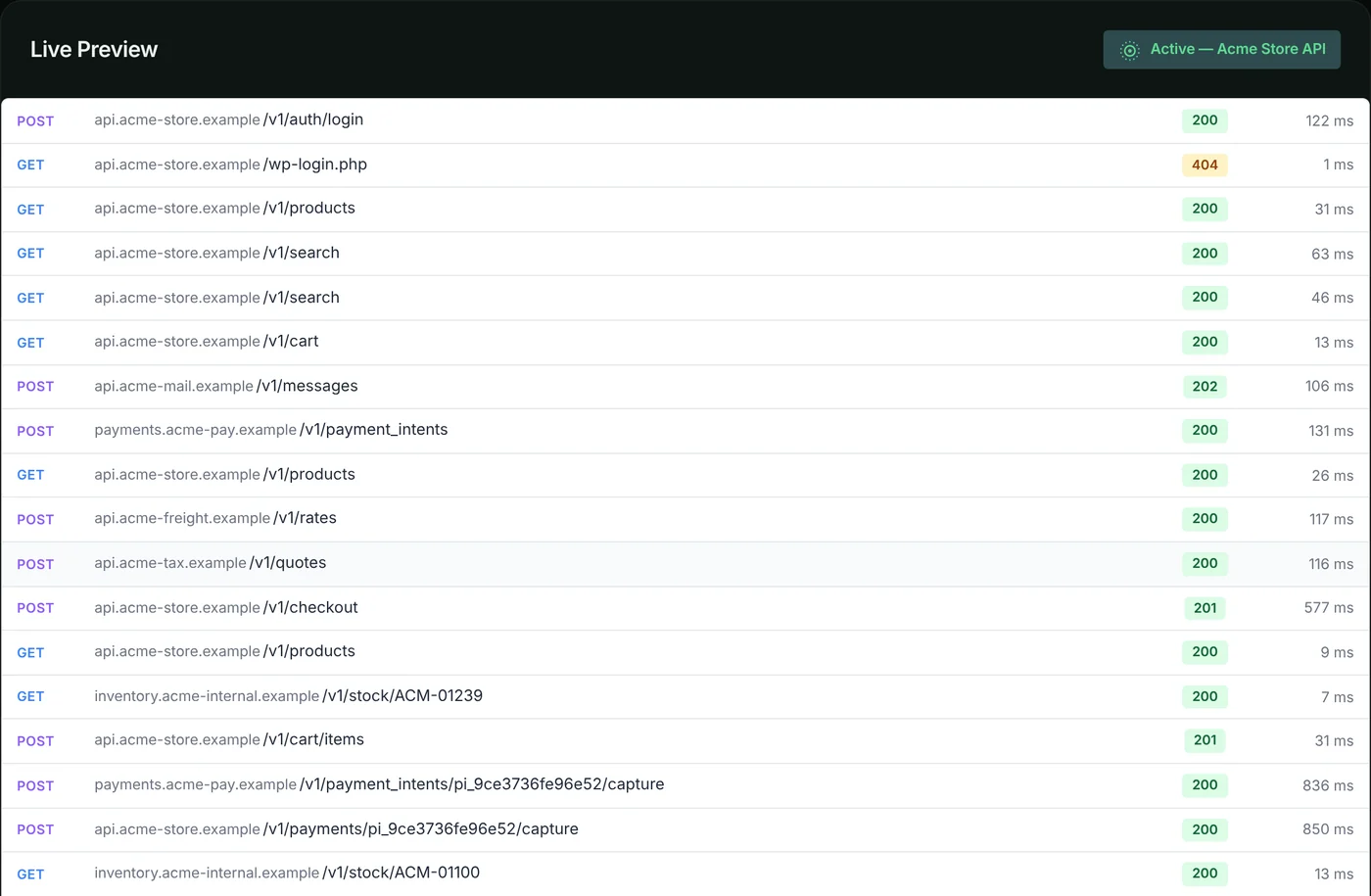 Live preview of the embedded request log, a light-themed list of requests with method, host, path, status and duration