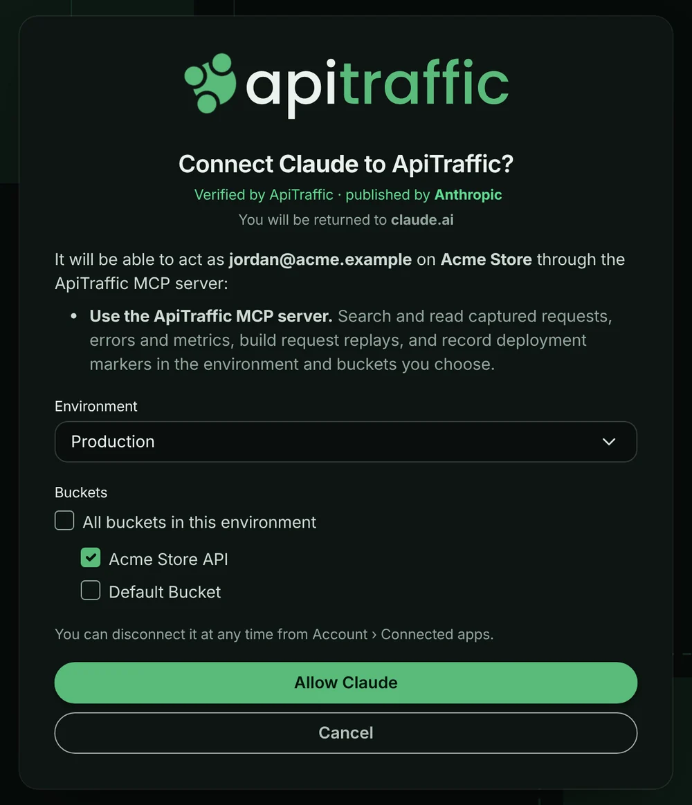 Consent screen asking to connect Claude to ApiTraffic over MCP, scoped to the Production environment and one chosen bucket