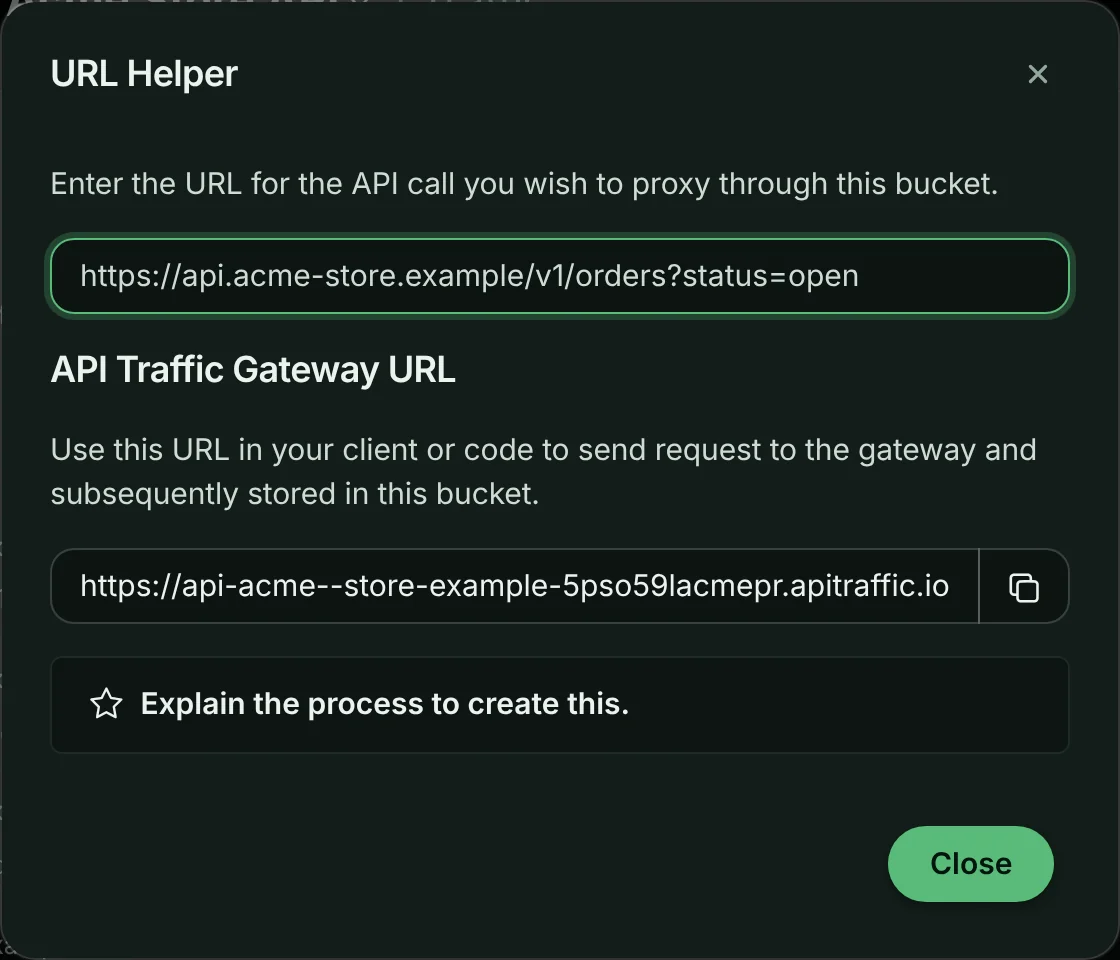 URL Helper turning an API call URL into an API Traffic gateway URL with only the hostname changed, ending in apitraffic.io