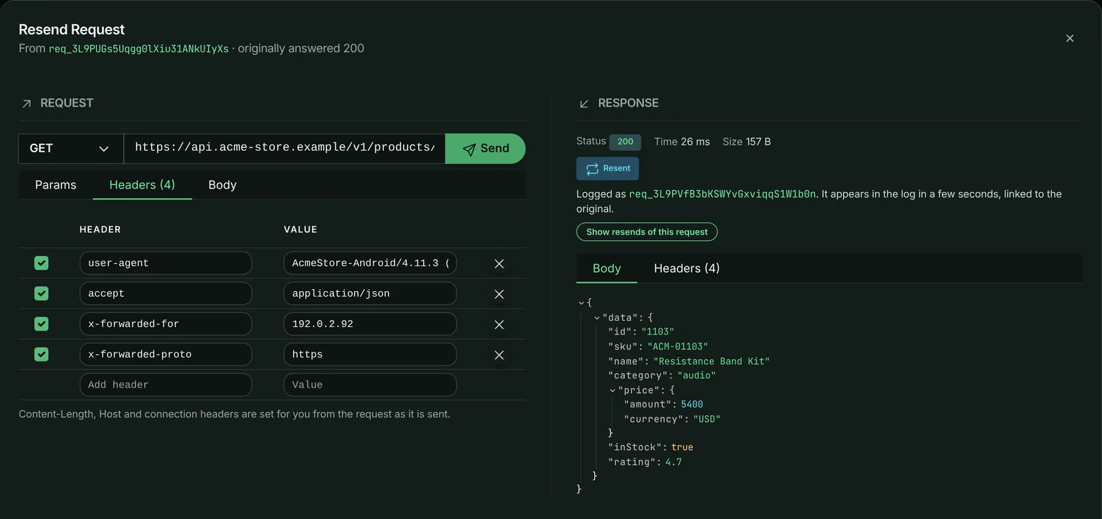 Resend Request editor for GET /v1/products/{id} with its headers, and the response from the resend: status 200, the product JSON, and a note that the new attempt is logged and linked to the original