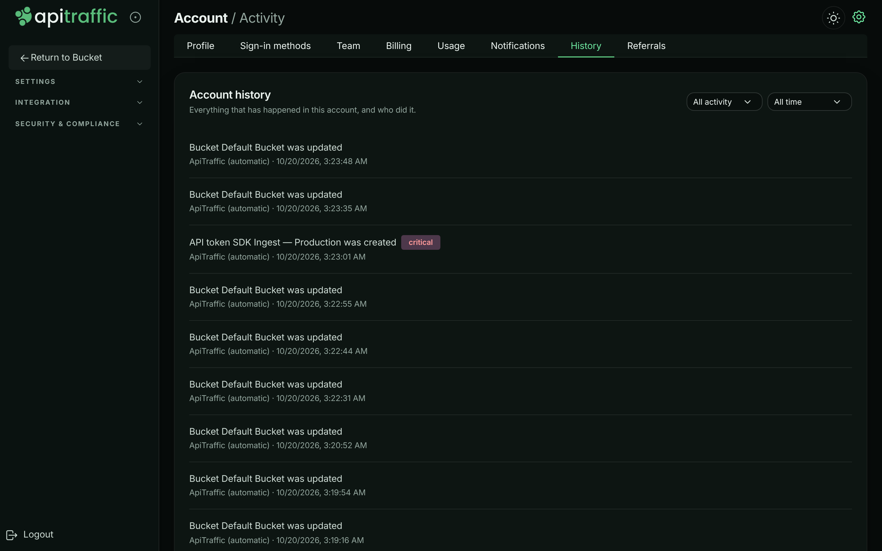 Account history listing recent events with severity badges, who did each one and when