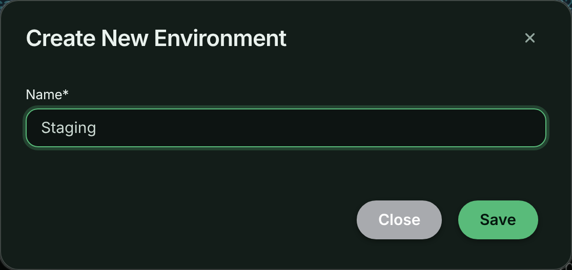 Create New Environment dialog with the Name field filled in as Staging