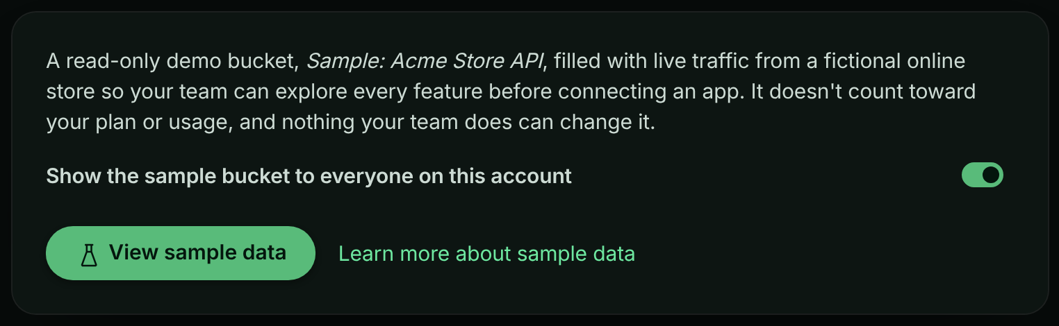 Sample data card with the switch to show the sample bucket to everyone on the account turned on, and a View sample data button