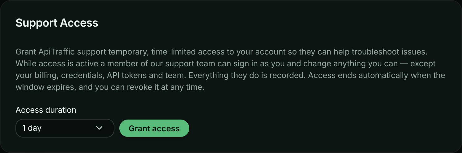 Support Access card explaining what support can do, with an Access duration menu set to 1 day and a Grant access button