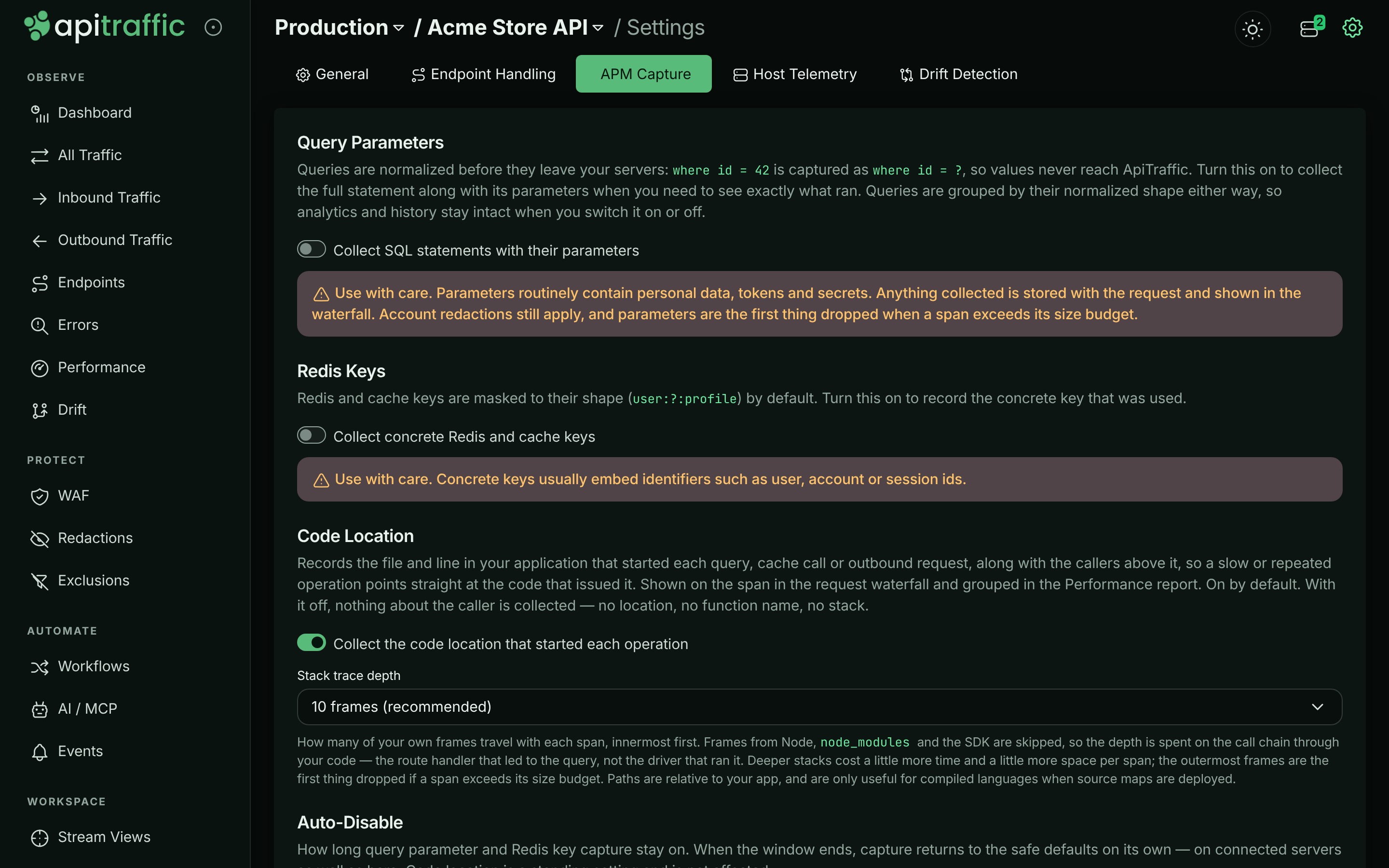 Bucket Settings, APM Capture tab, with Query Parameters, Redis Keys, Code Location and Auto-Disable sections