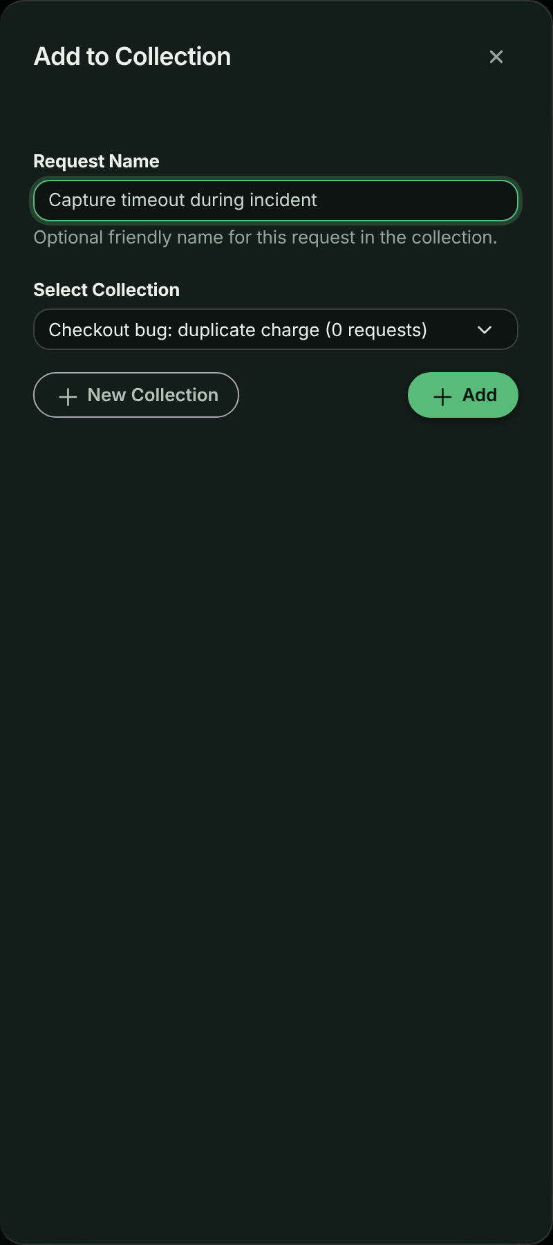 Add to Collection panel with Request Name, Select Collection and Add button