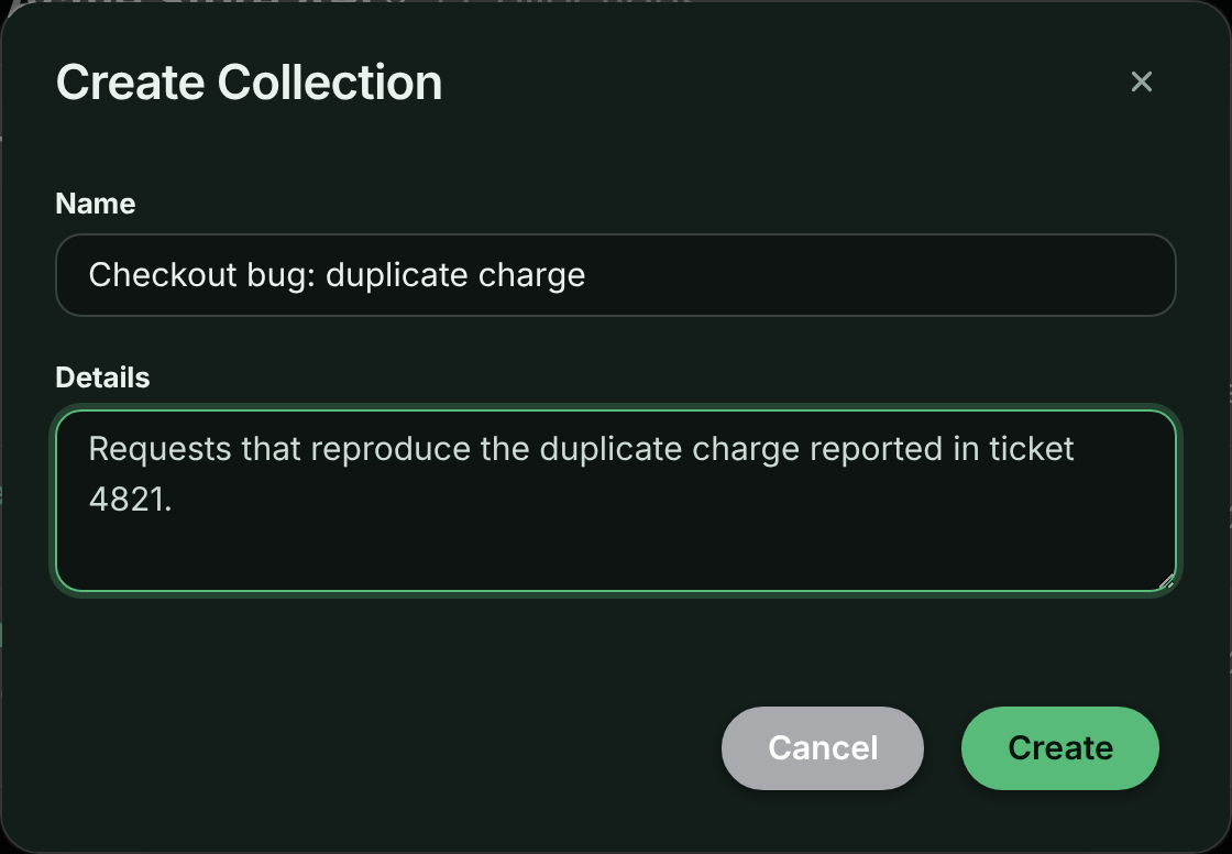 Create Collection dialog with Name and Details fields and a Create button
