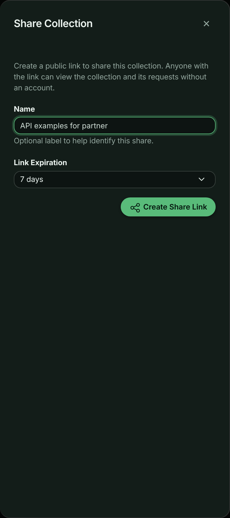 Share Collection panel with Name and Link Expiration fields and a Create Share Link button
