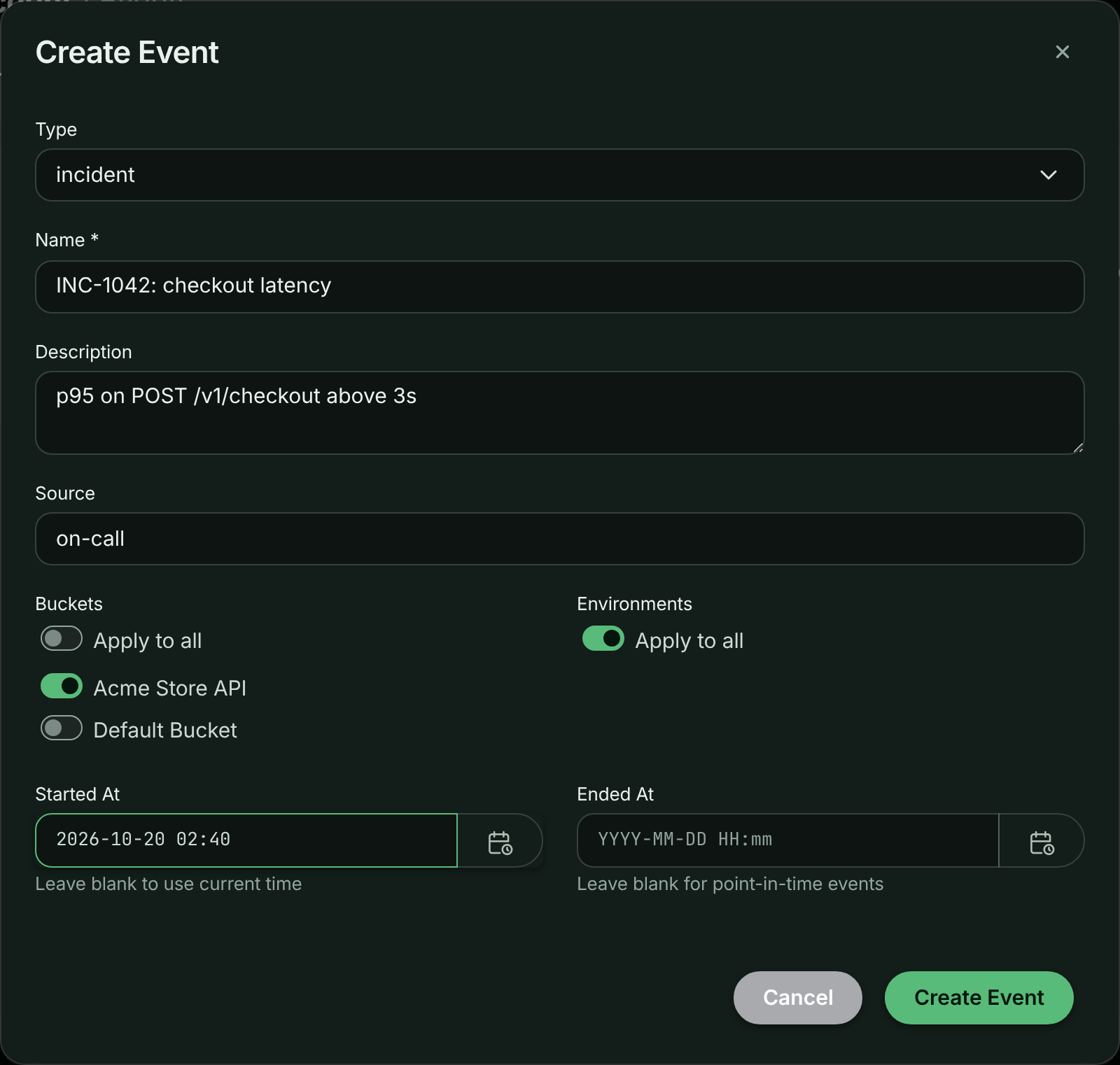 Create Event dialog with Type, Name, Description, Source, Buckets, Environments, Started At and Ended At fields