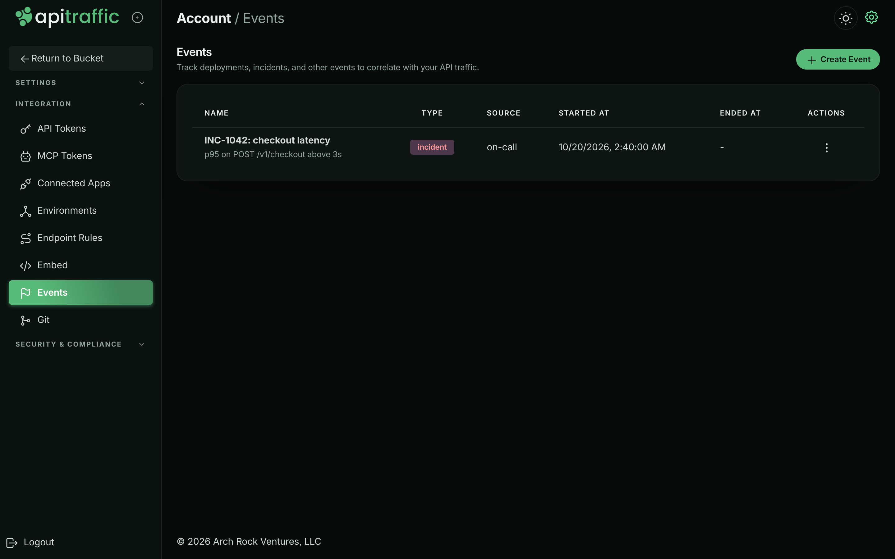 Events table with the new incident event listed with its type badge, source and start time