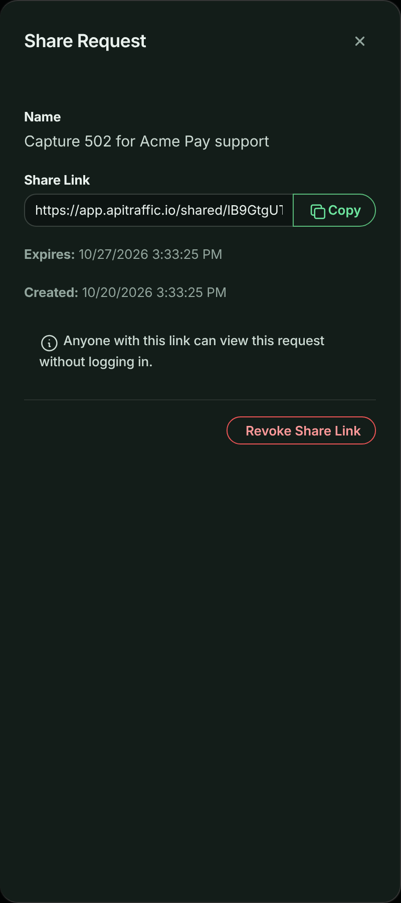 Share Request panel showing the share link with a Copy button, its expiry and a Revoke Share Link button