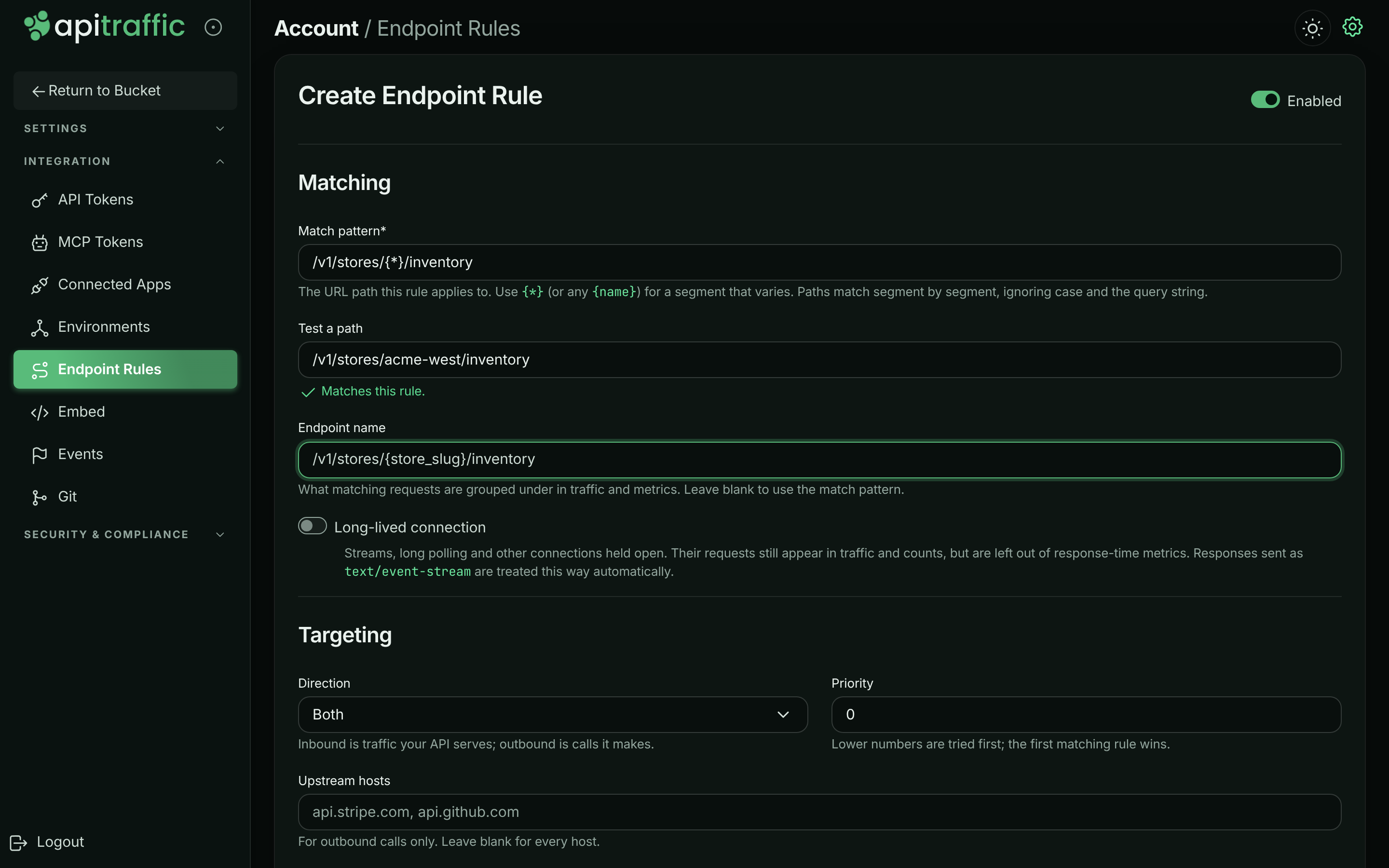 Create Endpoint Rule form with a match pattern, a tested path that matches, and an endpoint name