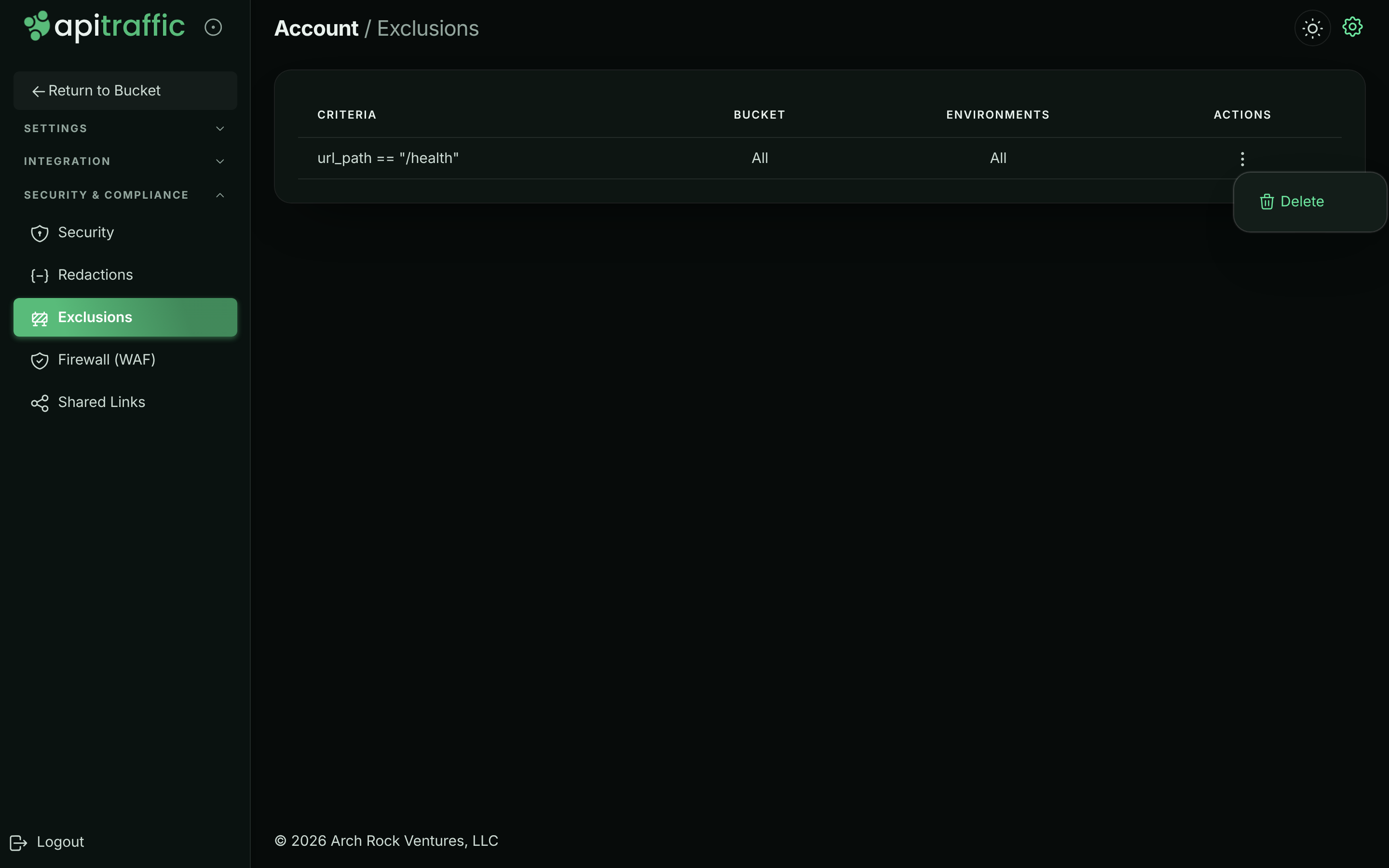 Exclusions page listing a rule with its criteria, bucket and environments, and the Delete action