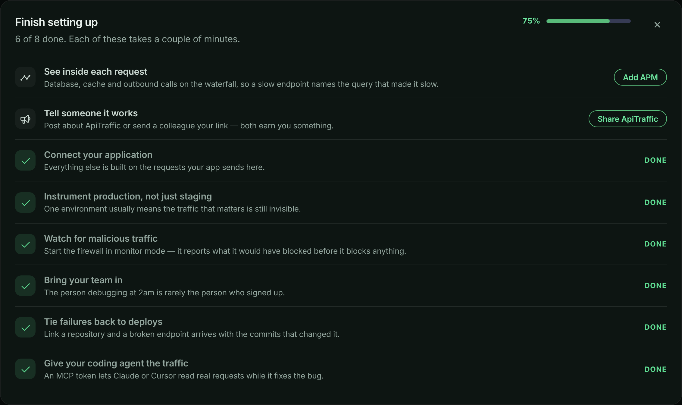 Finish setting up checklist on the dashboard with a progress bar and buttons for the items still to do