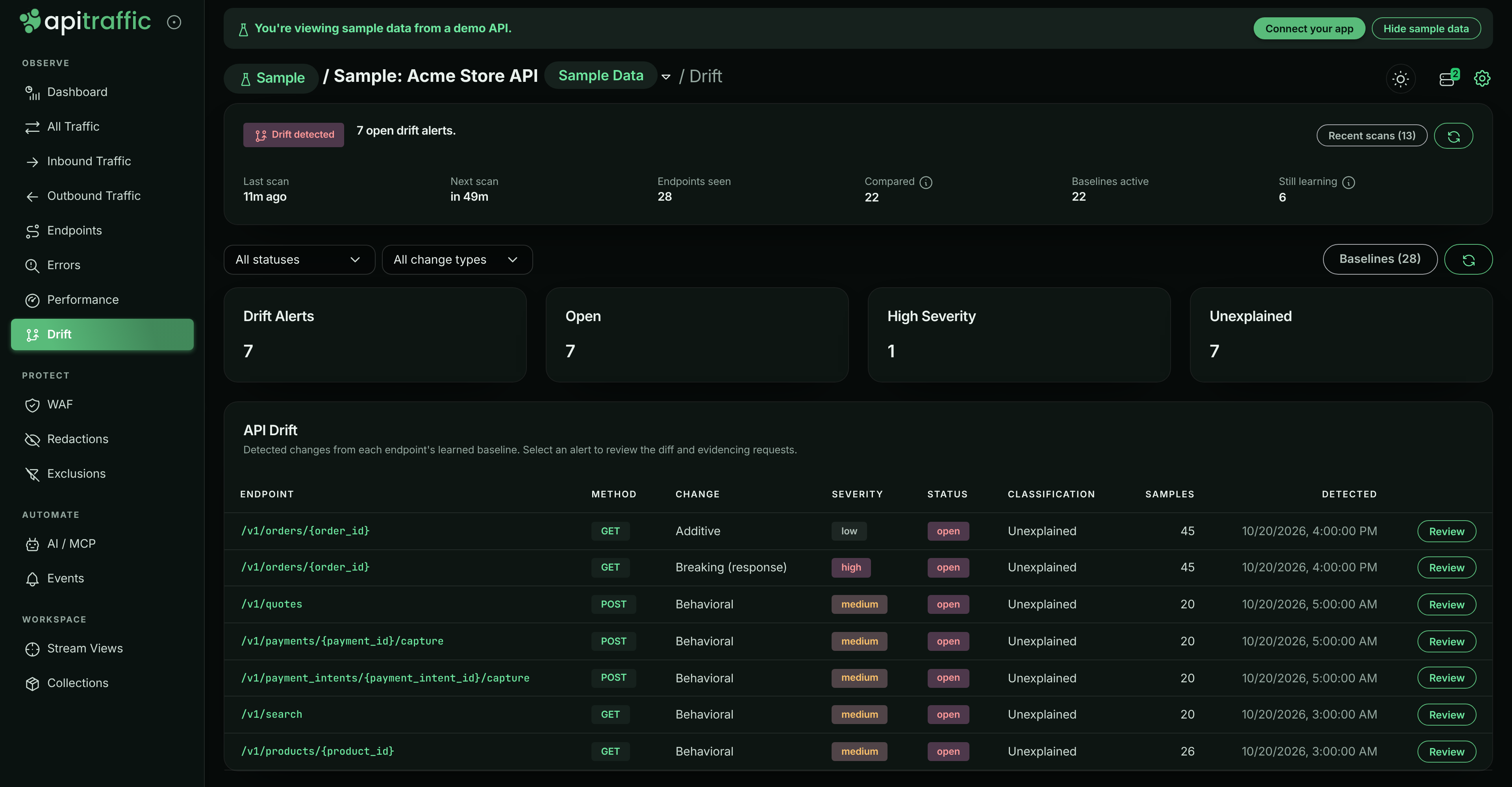 Drift page listing findings for GET /v1/orders/{order_id}: a new field fulfillment.eta and a breaking change moving fulfillment.trackingNumber
