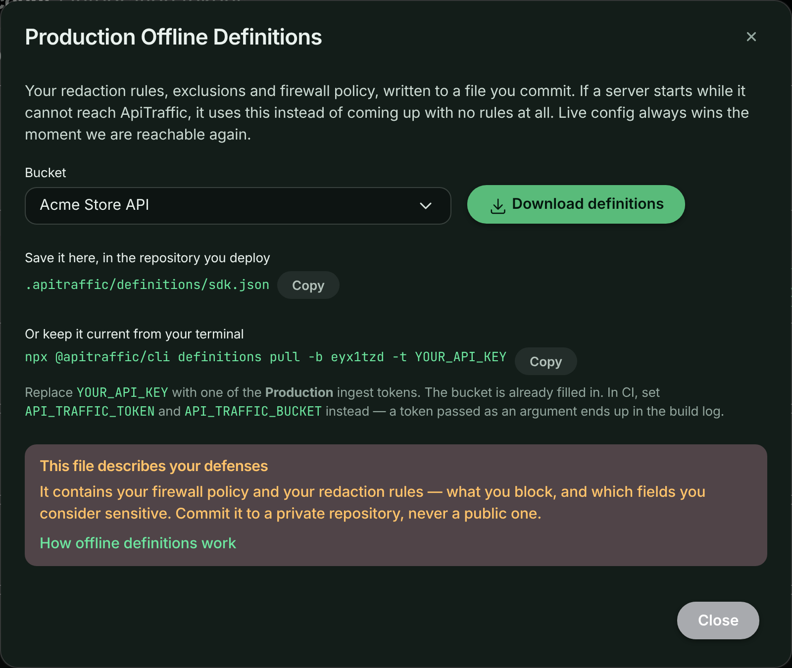Offline Definitions dialog with a bucket selected, a Download definitions button, the .apitraffic/definitions/sdk.json path and a definitions pull command