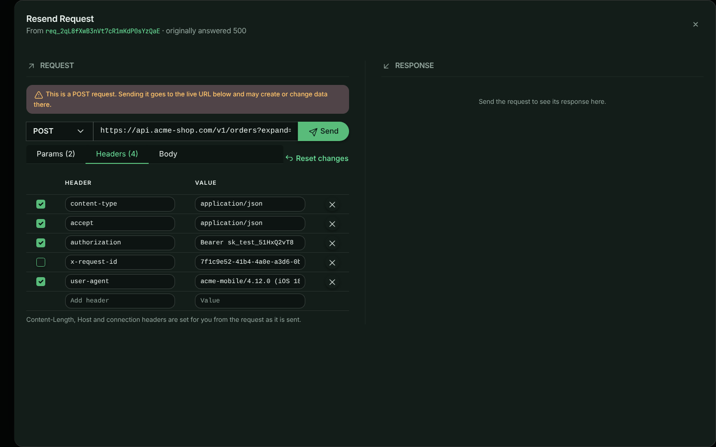 The Headers tab: a table of header names and values, each with a checkbox. The authorization header has a new token and x-request-id is switched off.
