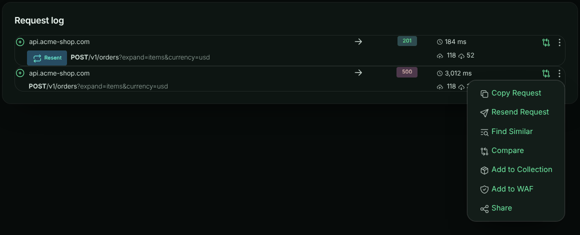 The actions menu on a request in the request log, with Resend Request second in the list, below Copy Request