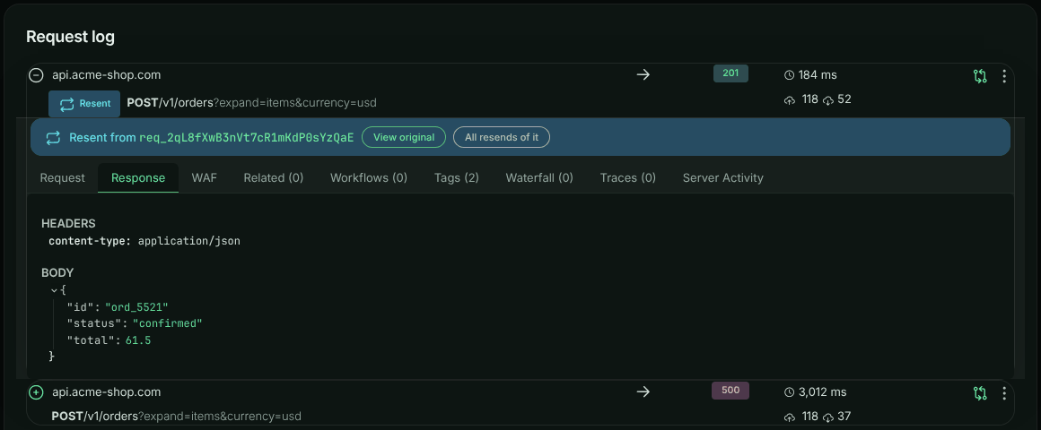 The request log: a request with a Resent badge, expanded to show 'Resent from' and the original request's id, with View original and All resends of it buttons