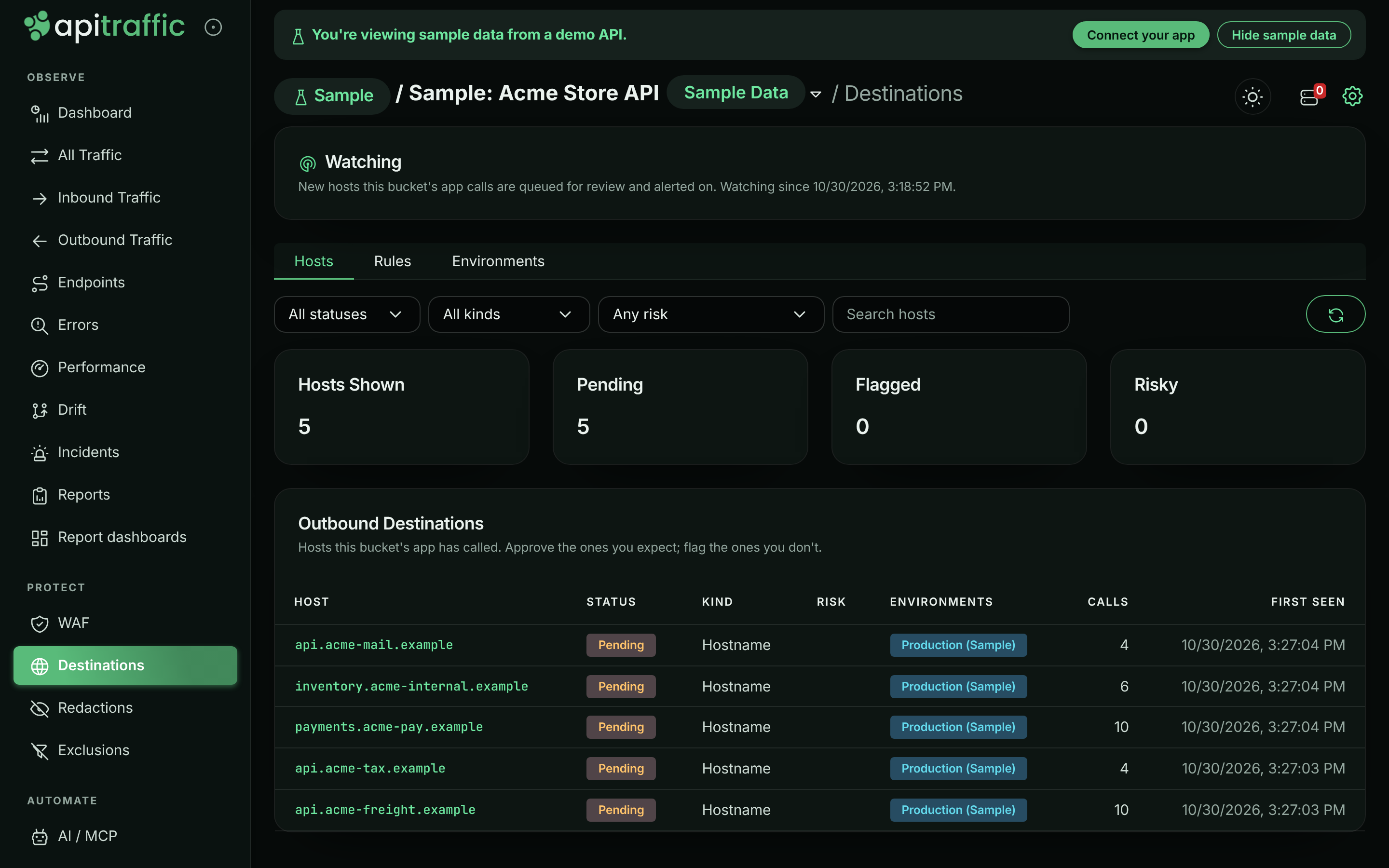 The Destinations page listing outbound hosts with their status, kind, environments, call counts and first-seen times