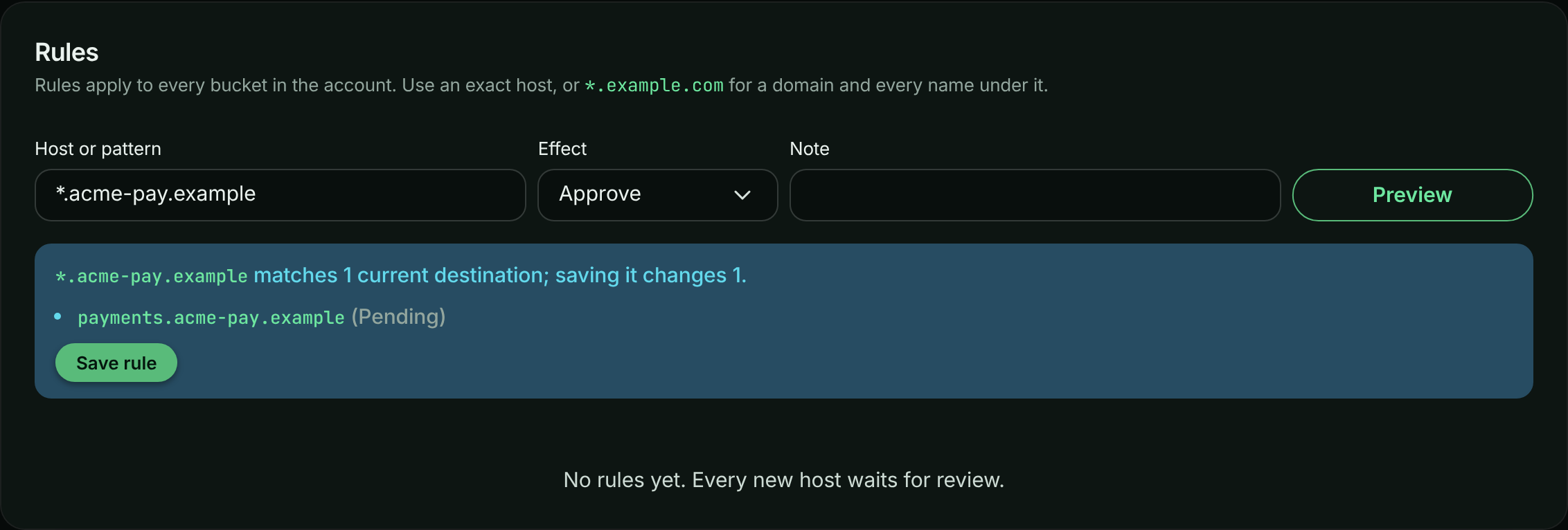 The Rules tab with a pattern, an effect selector and a preview of the hosts the rule would change