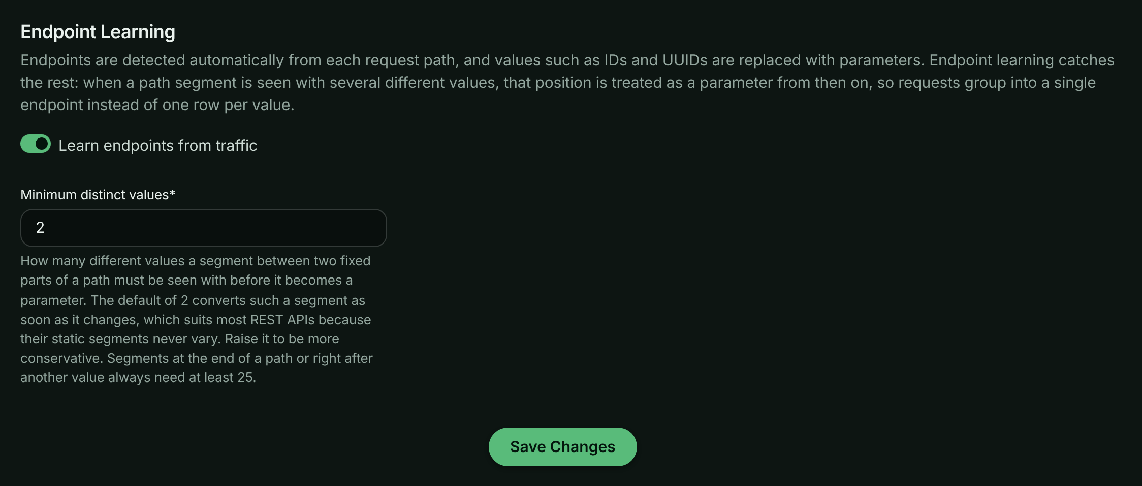 Endpoint Handling settings with the Learn endpoints from traffic switch and the Minimum distinct values field