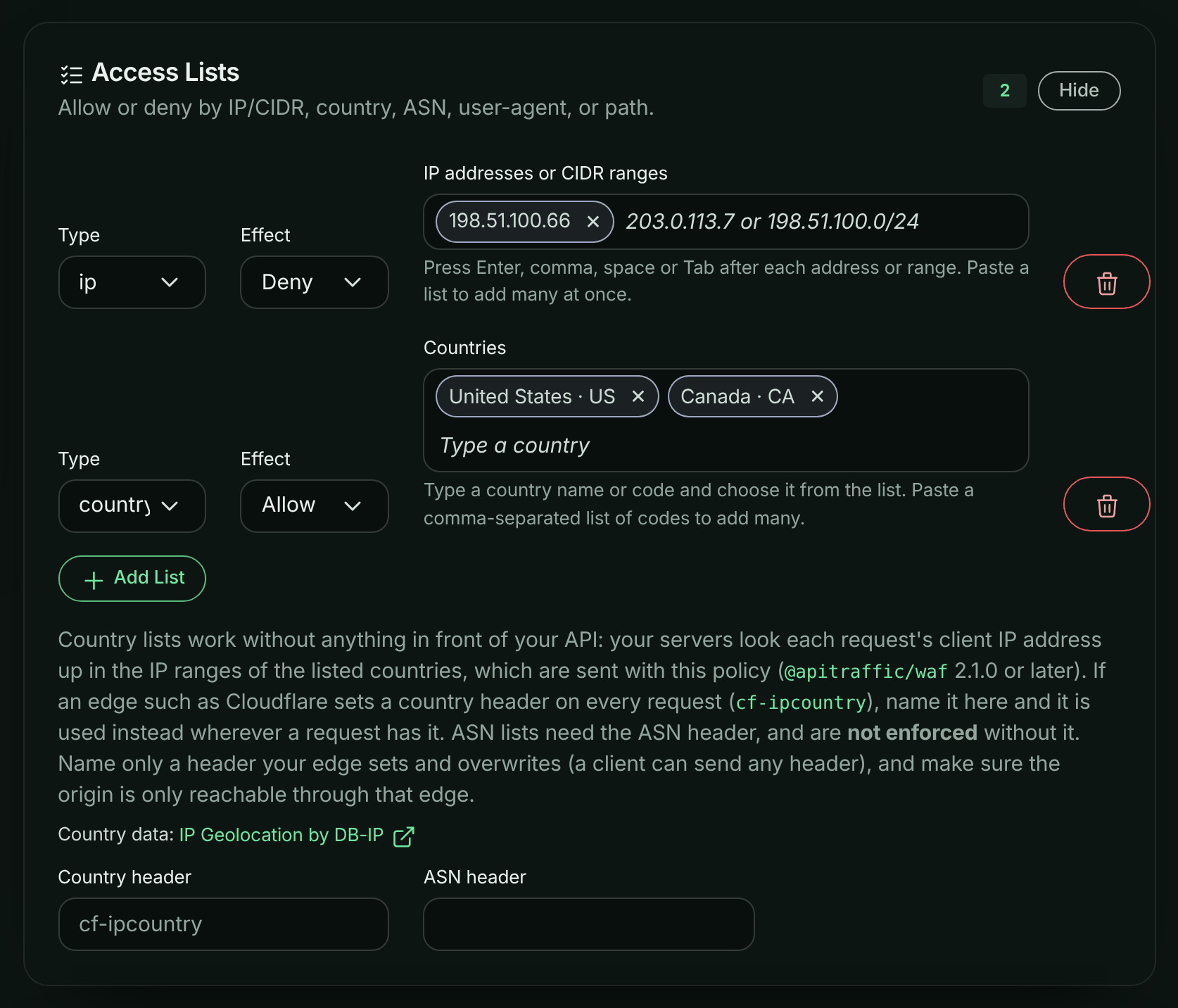Access Lists panel with an IP deny list, a country allow list with the tags United States · US and Canada · CA, the help text, the IP Geolocation by DB-IP link and the country and ASN header fields