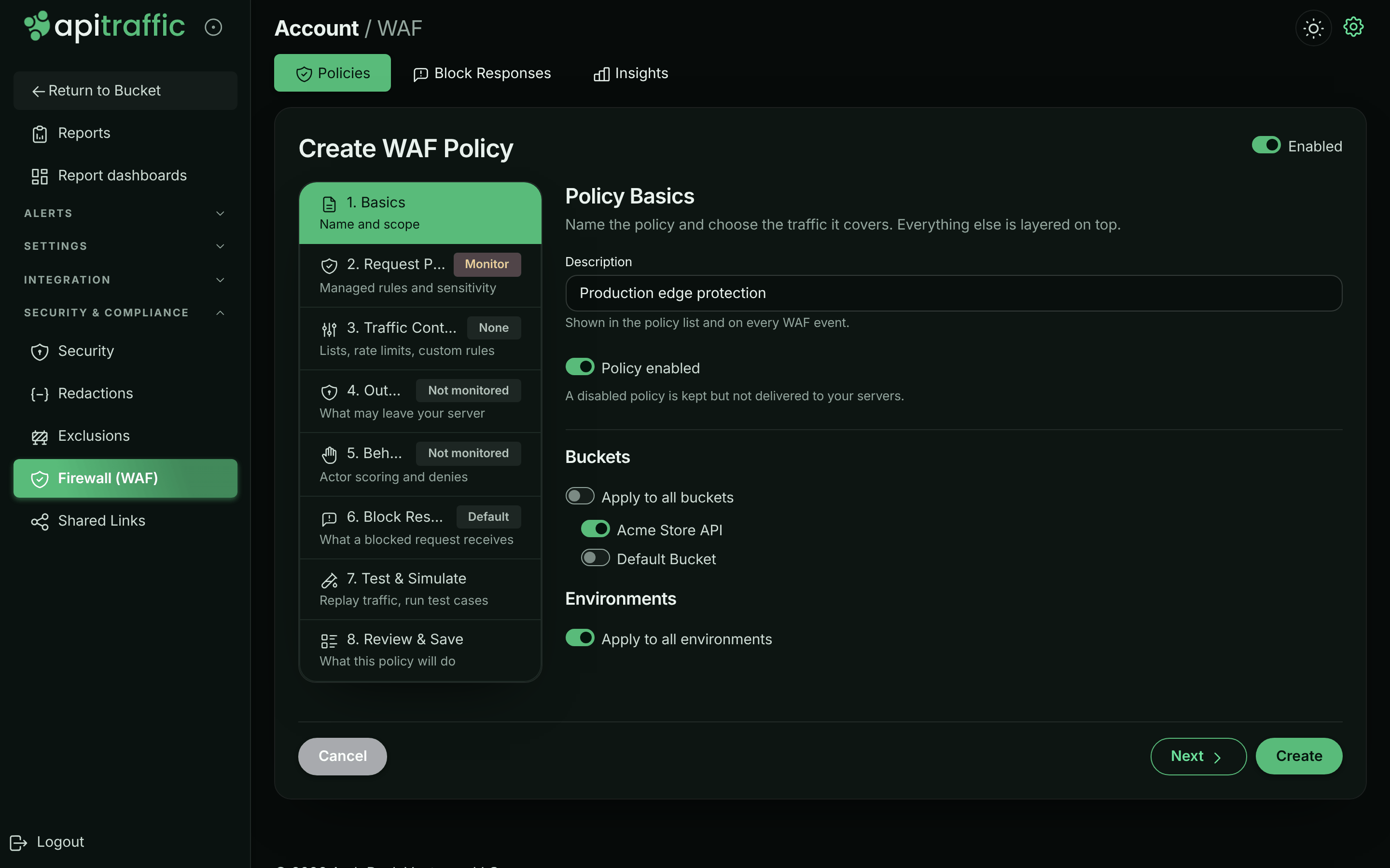 Create WAF Policy Basics step with description and bucket and environment switches