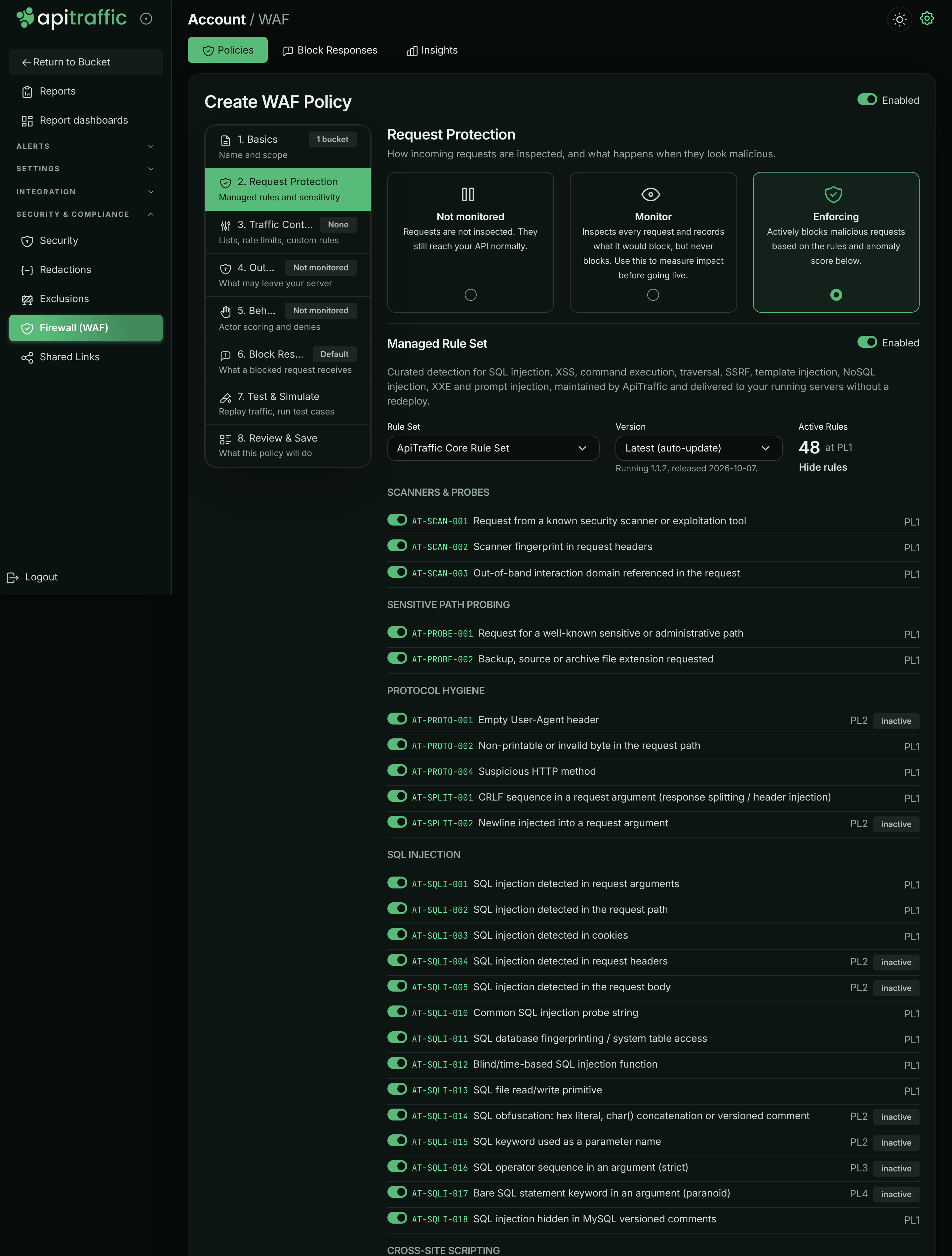 Request Protection step with Enforcing mode and the managed rule list open on the scanner, protocol and SQL injection groups