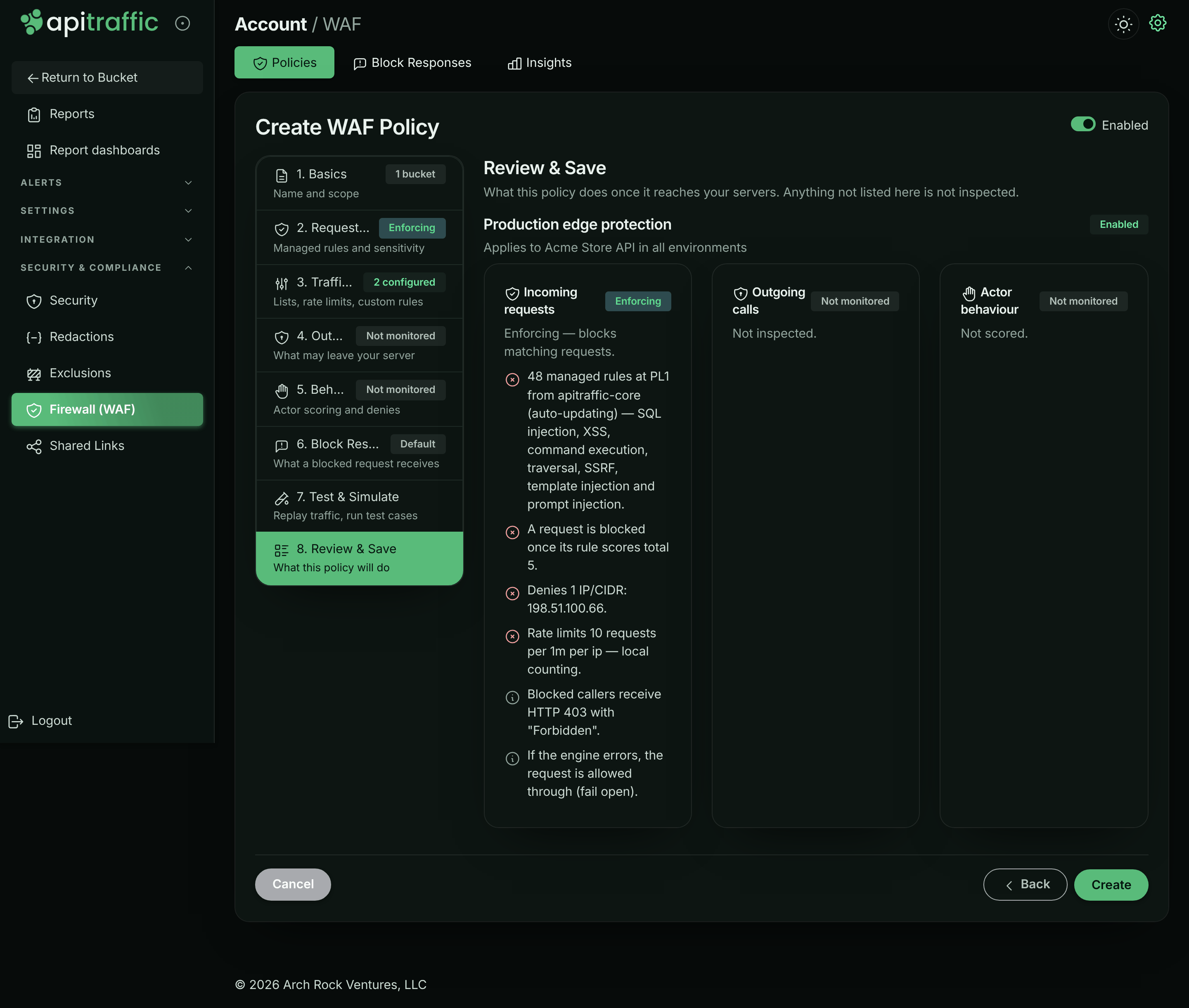 Review and Save step summarizing request protection, traffic controls, outbound and behavioral layers